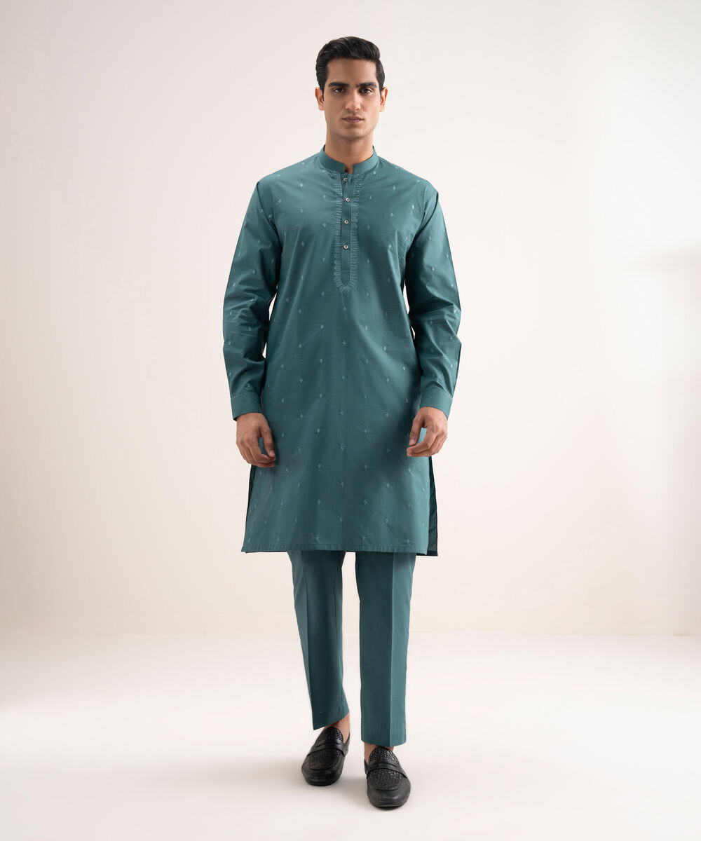 Men'S Stitched Teal Premium Cotton Suit