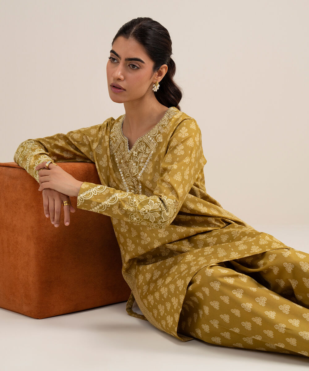 Women's Unstitched Lawn Embroidered Yellow 2 Piece Suit