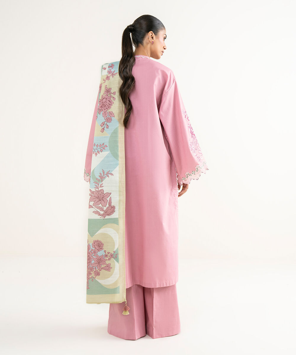 Women's Unstitched Cross Hatch Embroidered Pink 3 Piece Suit