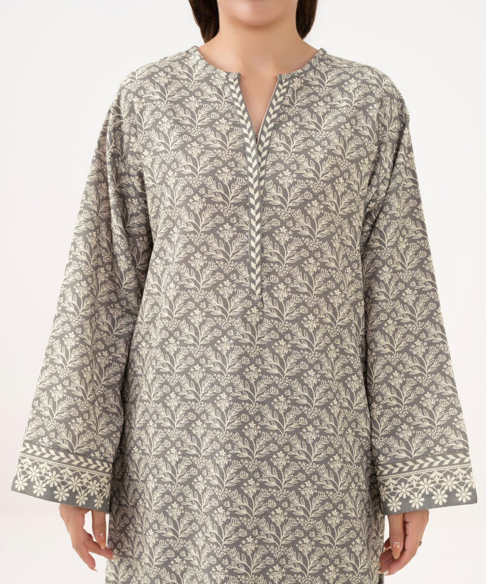 Women's Unstitched Light Khaddar Printed Grey 3 Piece Suit