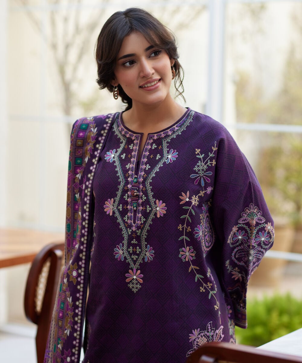 Women's Unstitched Light Khaddar Embroidered Plum 3 Piece Suit