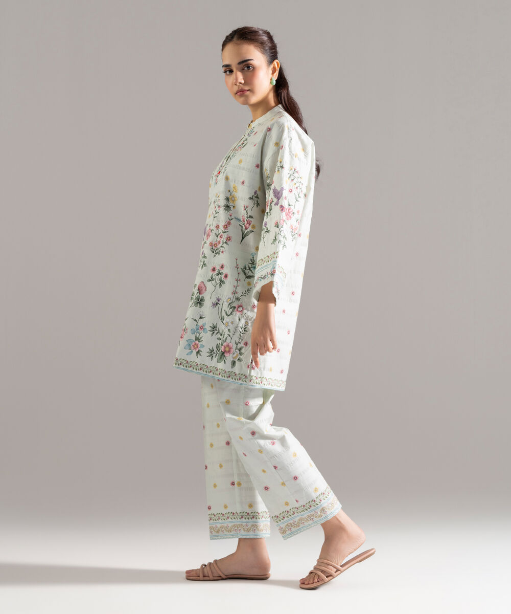 Women's RTW Seersucker Printed Green Drop Shoulder Shirt