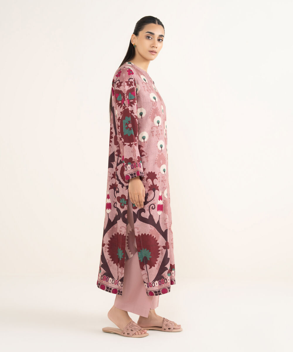 Women's RTW Arabic Lawn Coral Pink Printed Drop Shoulder Shirt