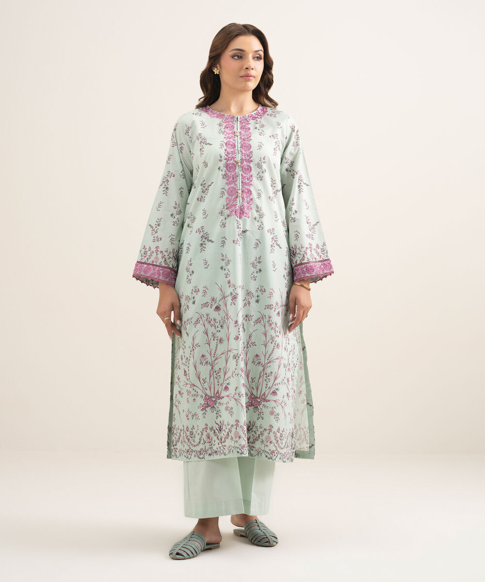 Women's RTW Lawn Embroidered Seafoam Green A-Line Shirt
