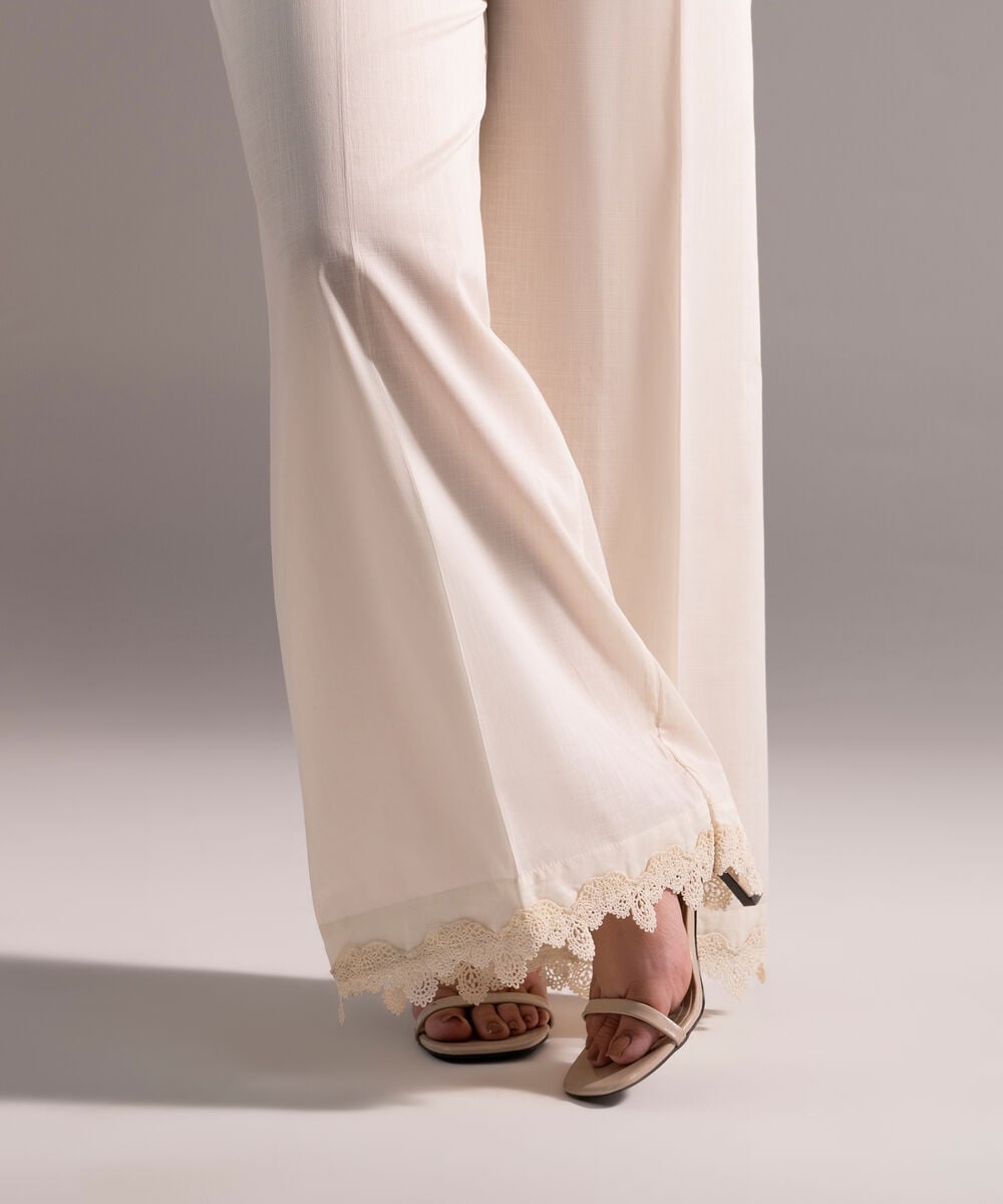 Women's RTW Crosshatch Solid Off White Flared Pants