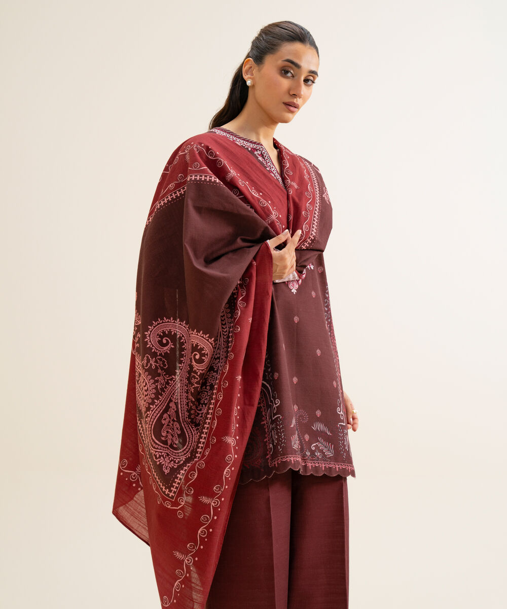 Women's Unstitched Light Khaddar Printed Deep Maroon 3 Piece Suit