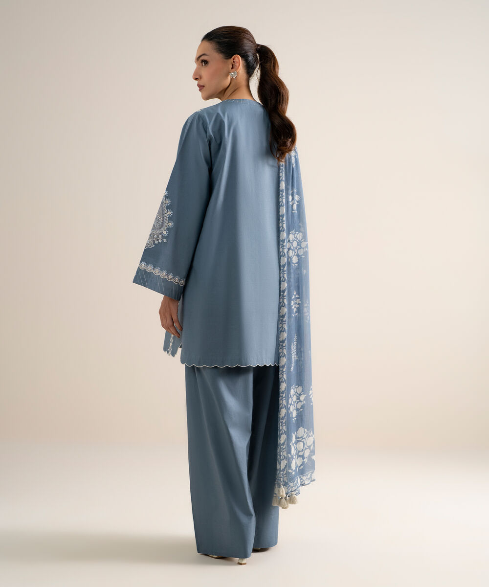 Women's Unstitched Lawn Embroidered Blue  3 Piece Suit