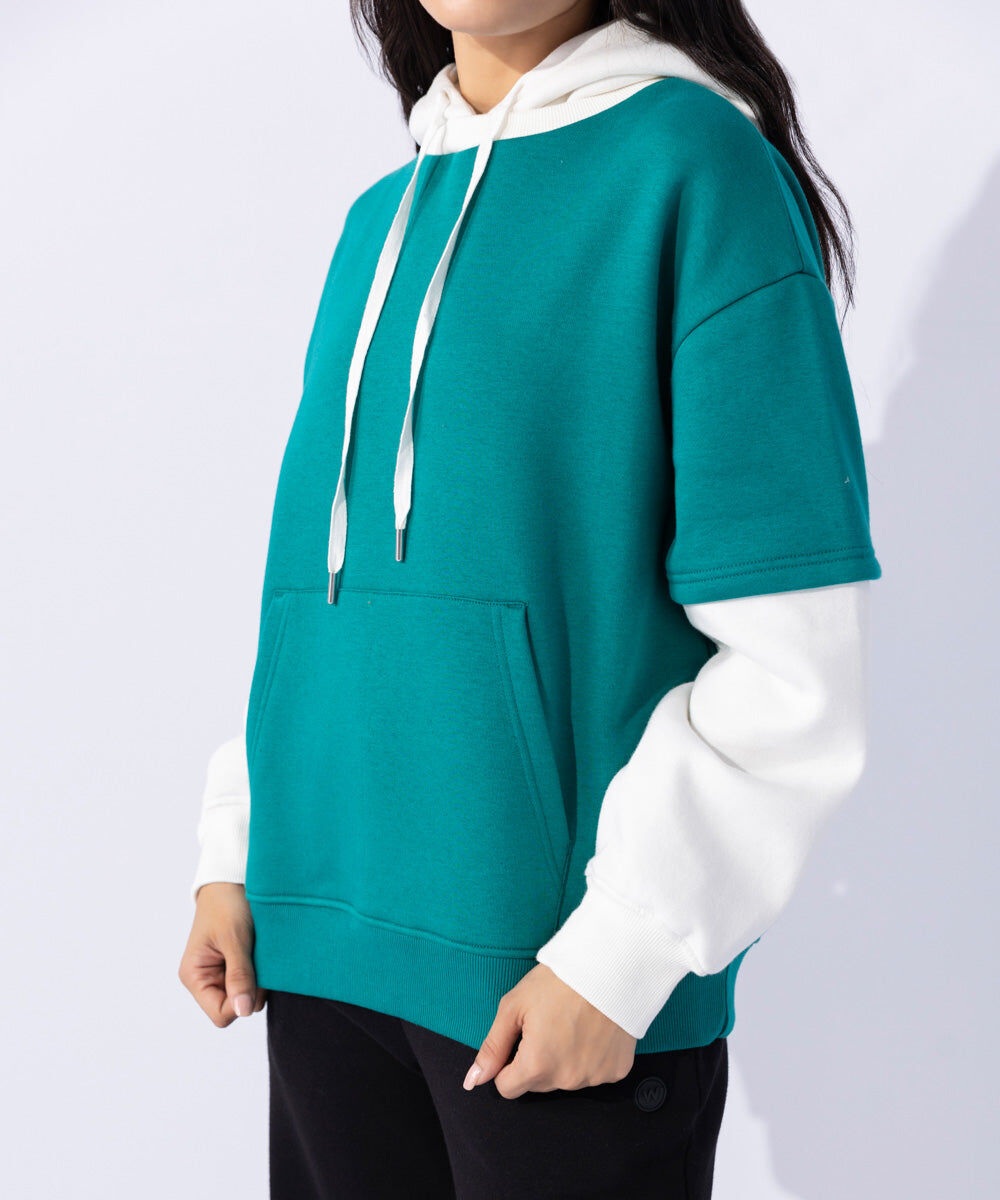 Woman - Green Fleece Color Blocked Hoodie