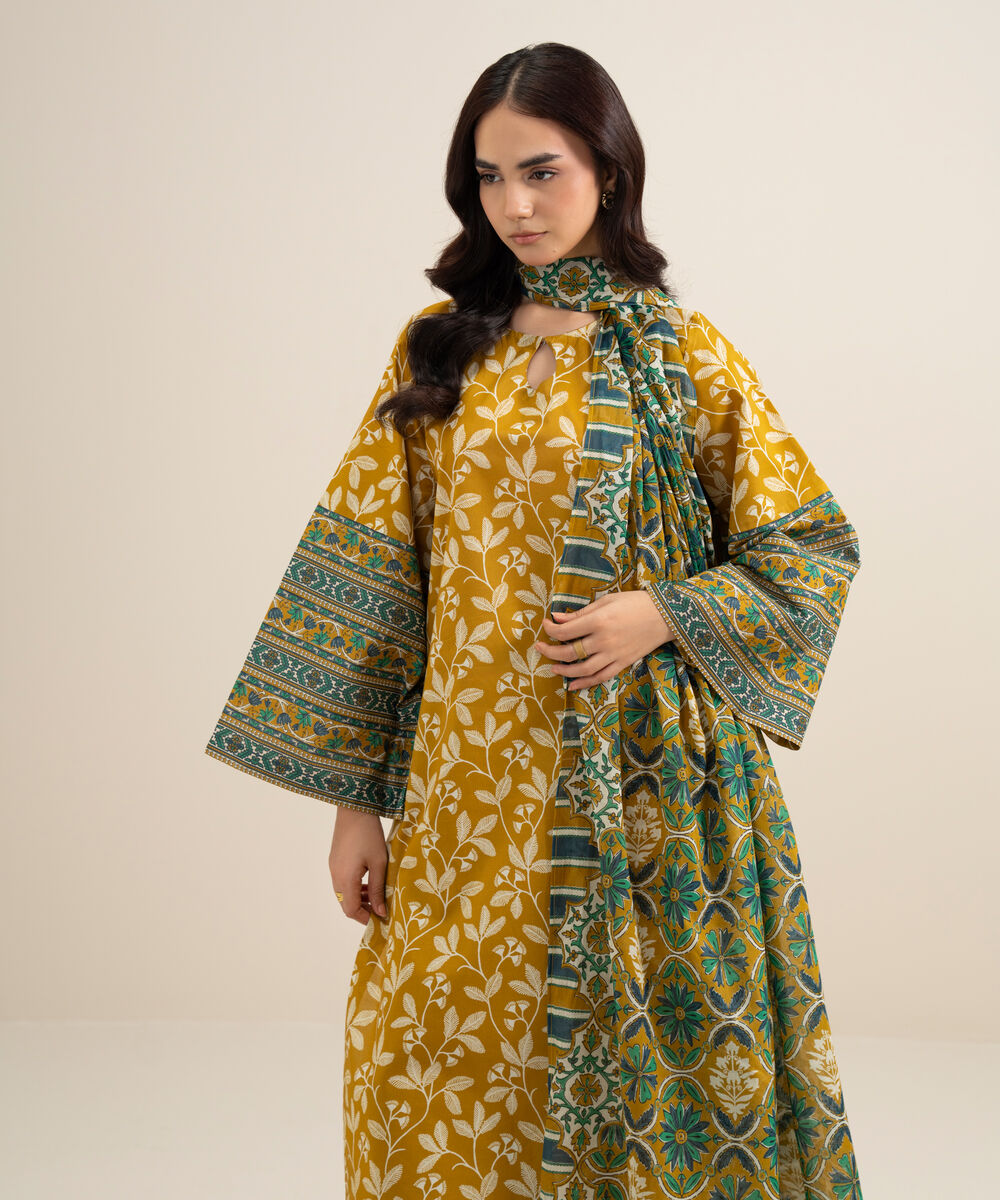 Women's Unstitched Lawn Printed Yellow 3 Piece Suit