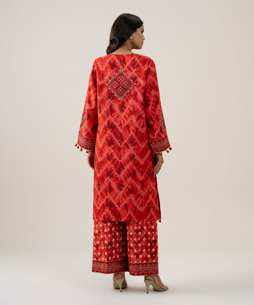 Women's Unstitched Linen Embroidered Red 2 Piece Suit