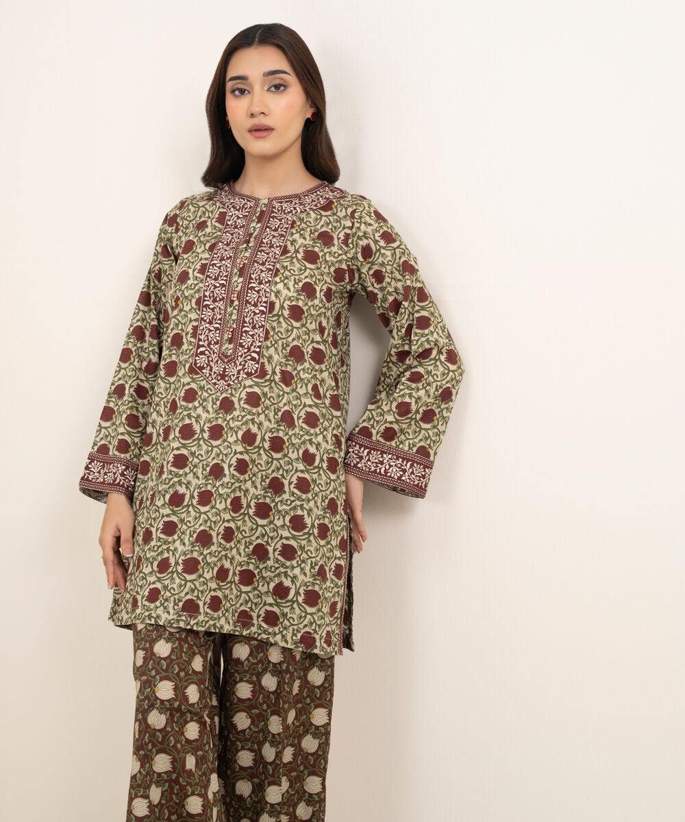 Women's RTW Dobby Embroidered Green 2 Piece Suit