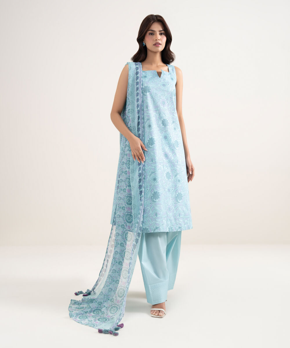 Women's Unstitched Lawn Blue Printed 3 Piece Suit