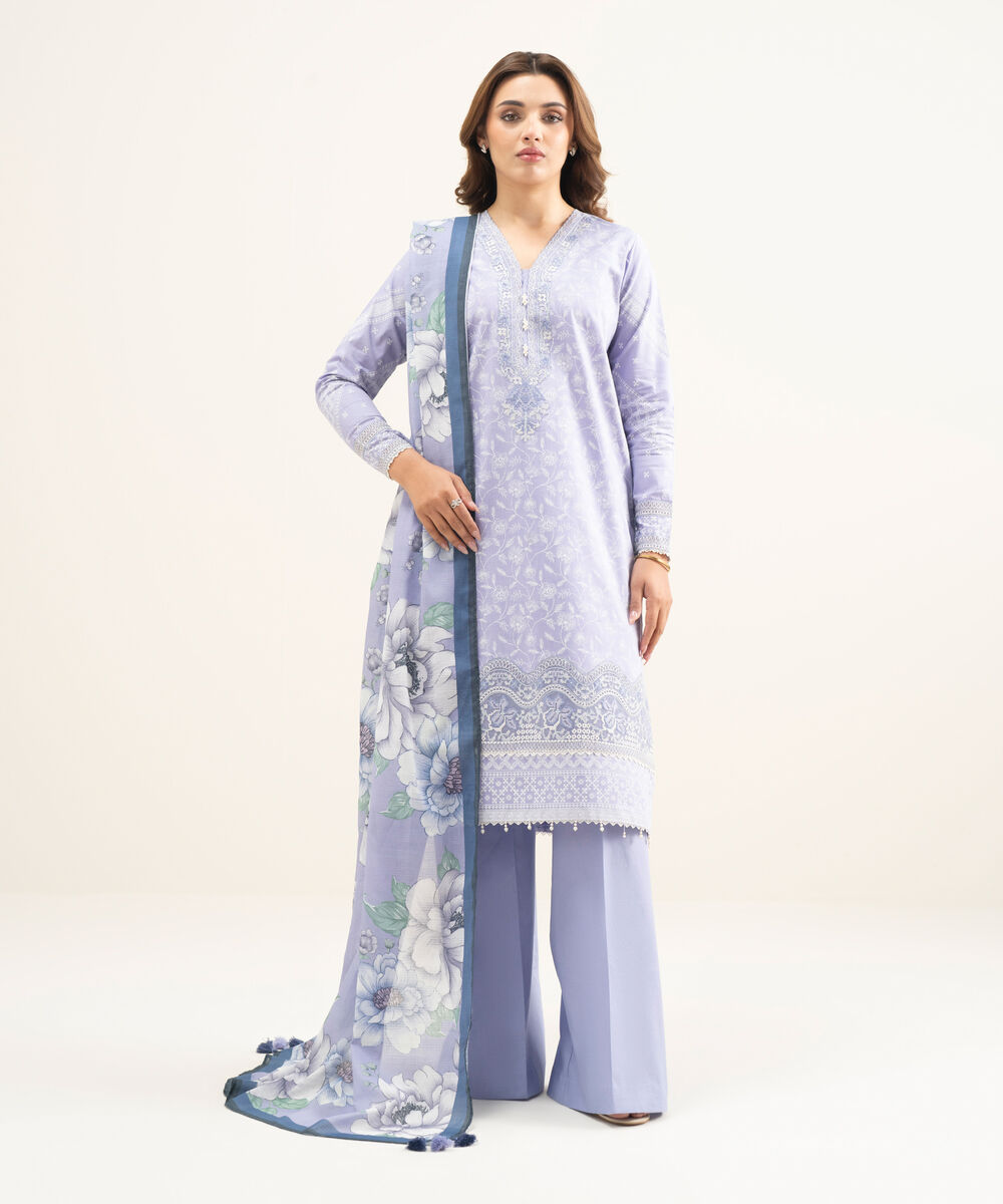Women's Unstitched Lawn Purple Embroidered 3 Piece Suit