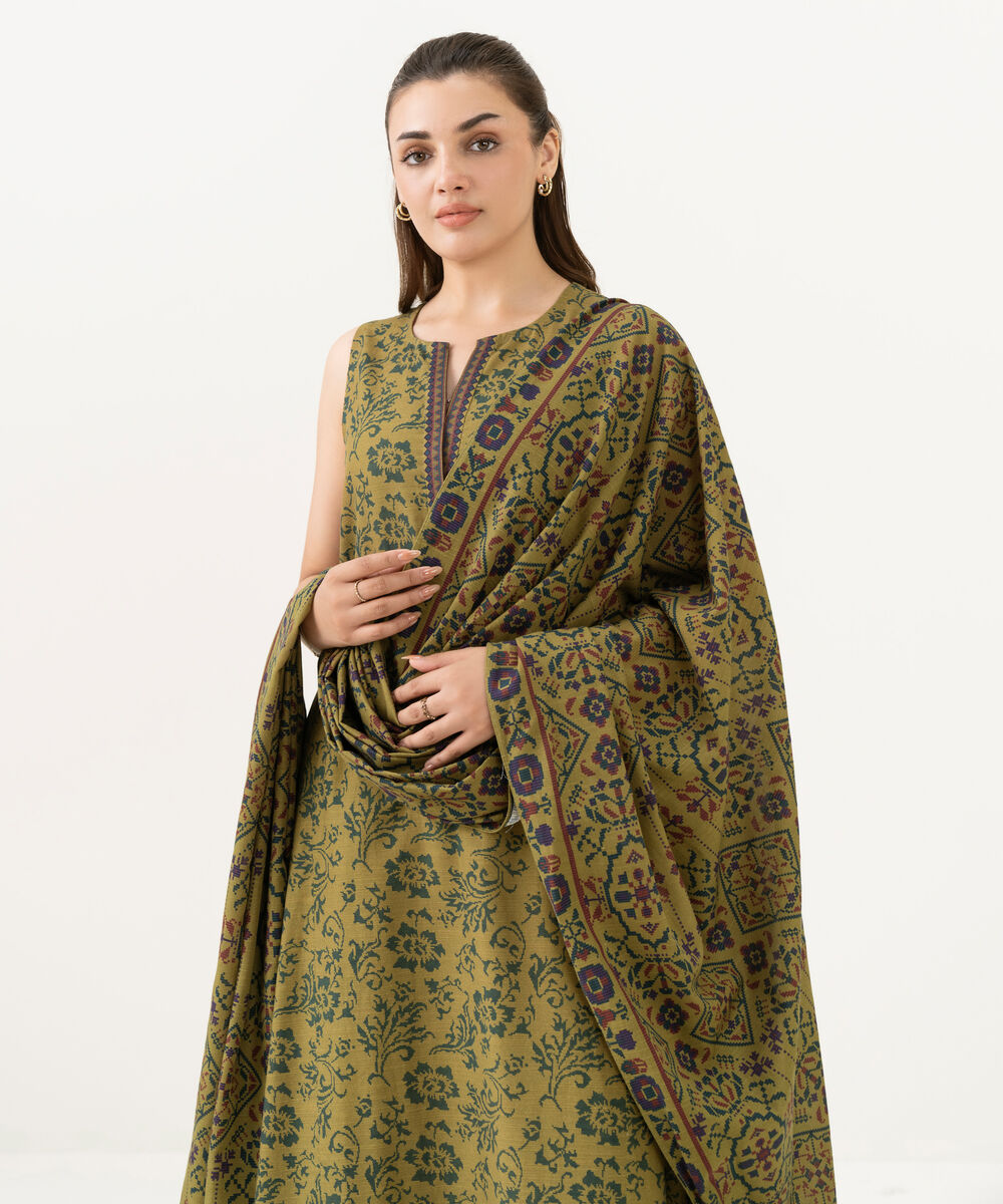 Women's Unstitched Khaddar Printed Brown 3 Piece Suit