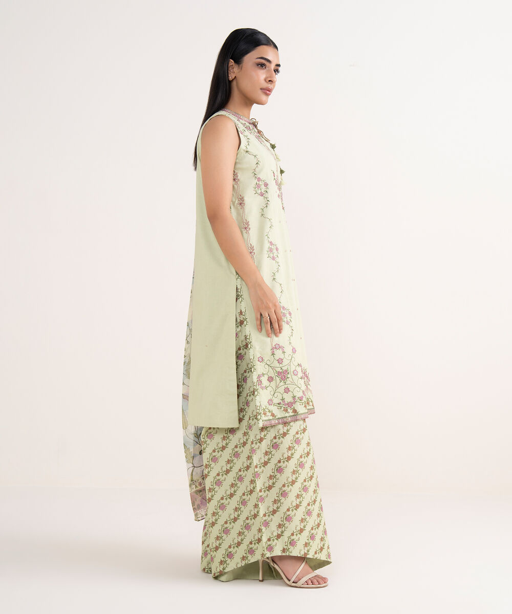Women's Unstitched Cotton Viscose Embroidered Green 3 Piece Suit