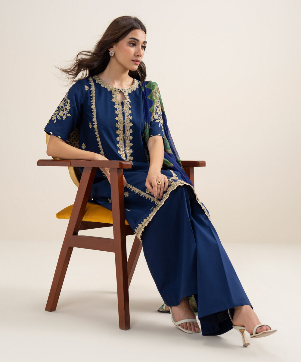 Women's Unstitched Lawn Embroidered Blue 3 Piece Suit