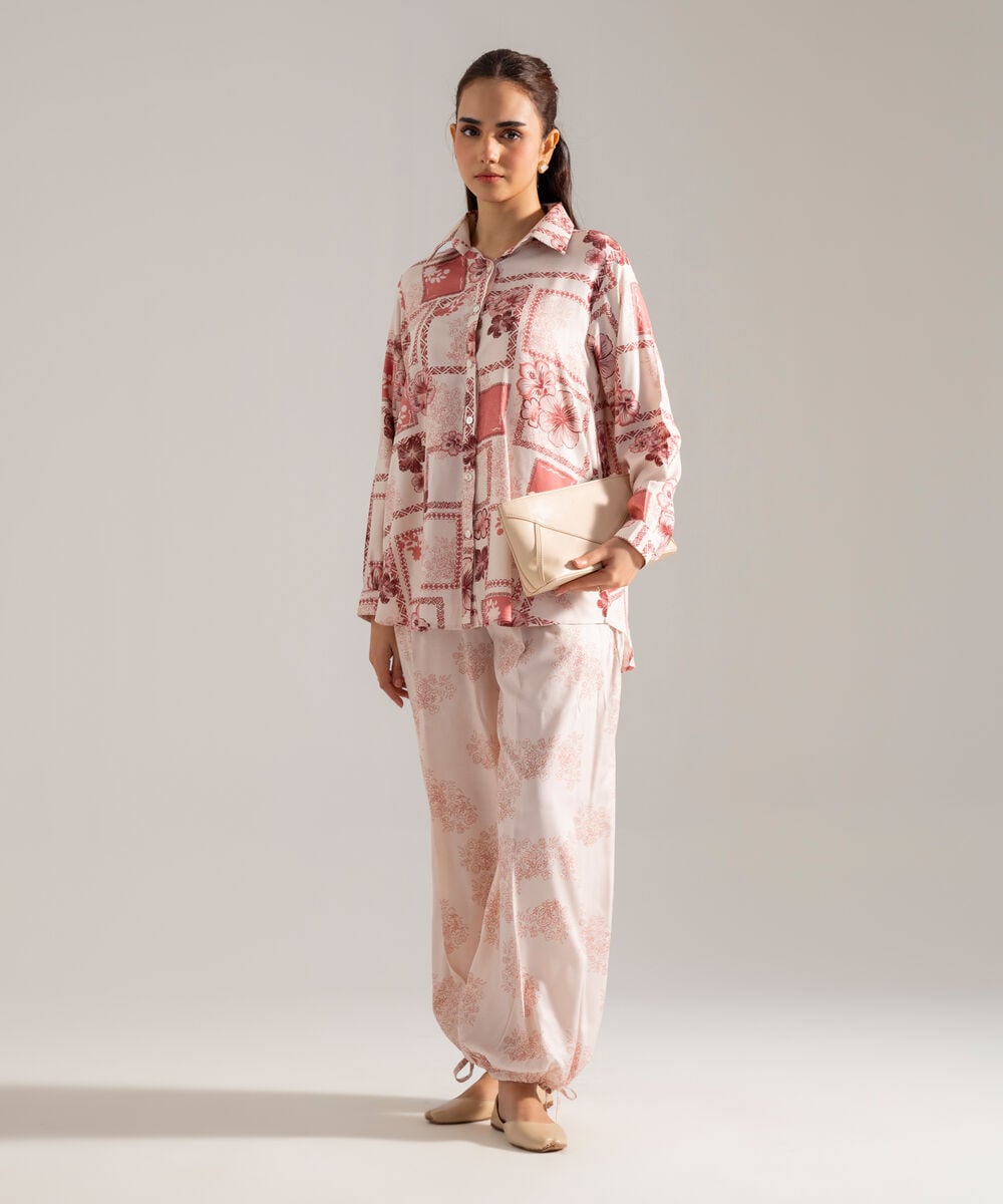 Women's RTW Printed Pink Viscose Linen 2 Piece Suit