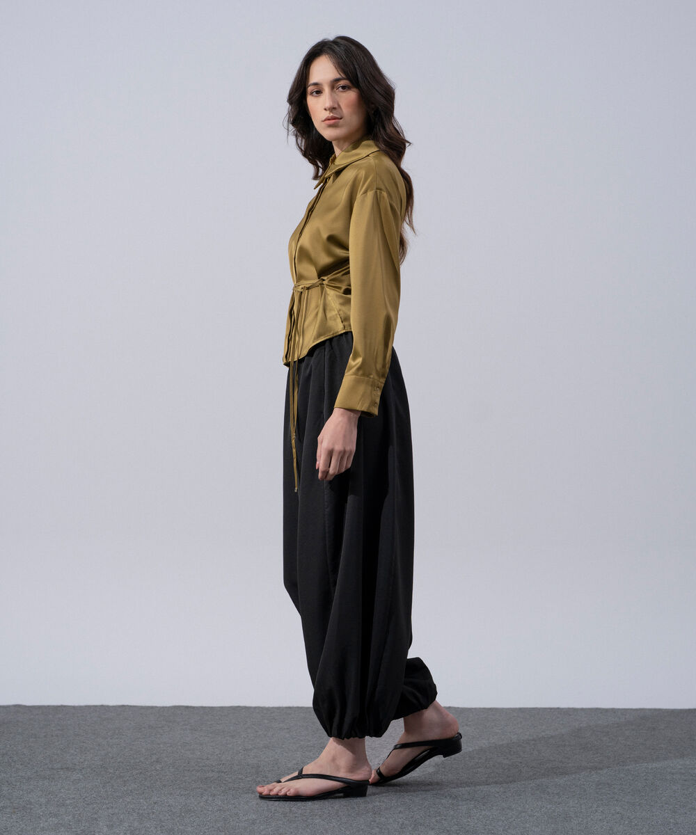 Women's Western Wear Olive Polyester Button Through Top With Drawstring