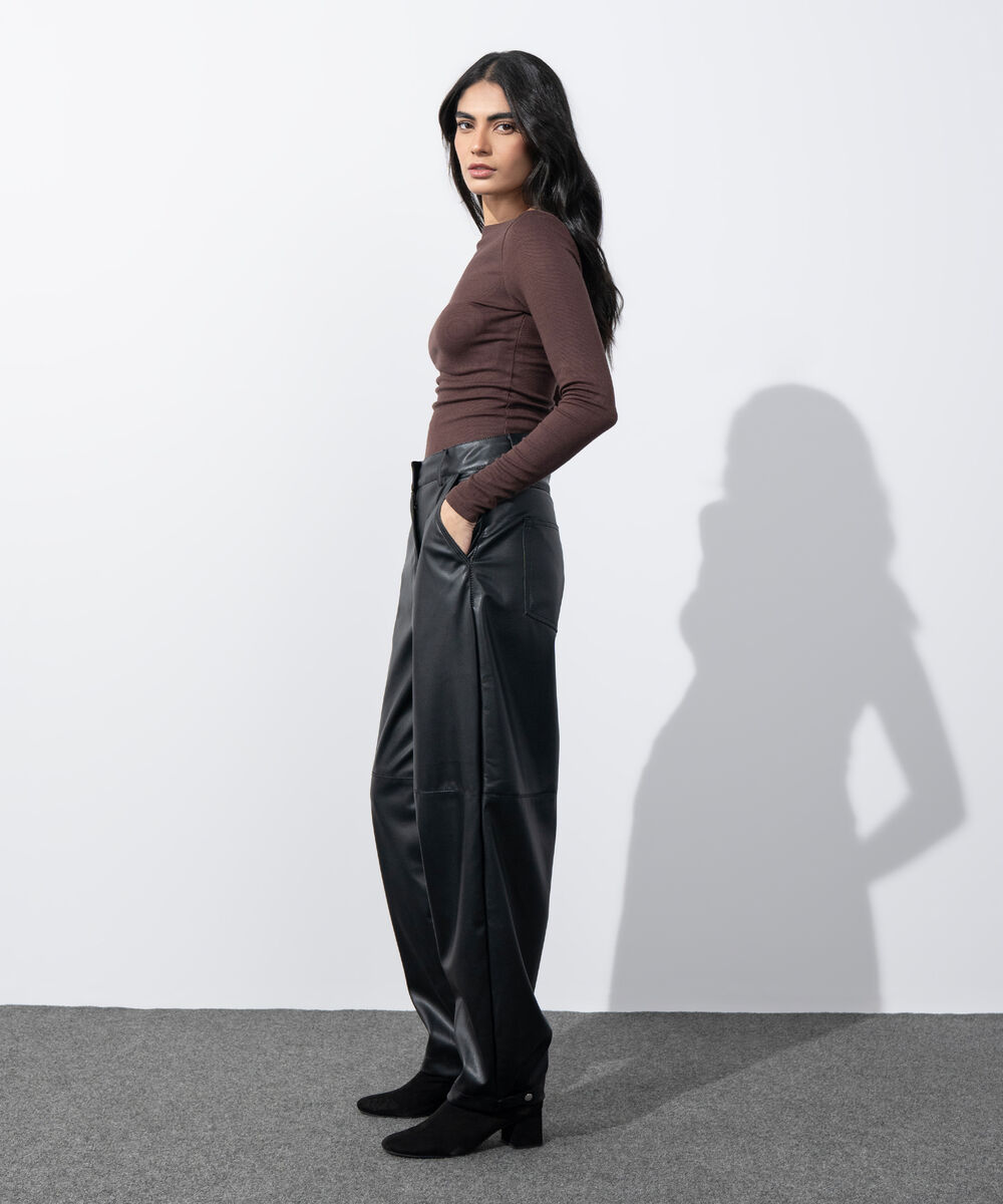 Women's Western Wear Black Faux Leather Barrel-Fit Trousers