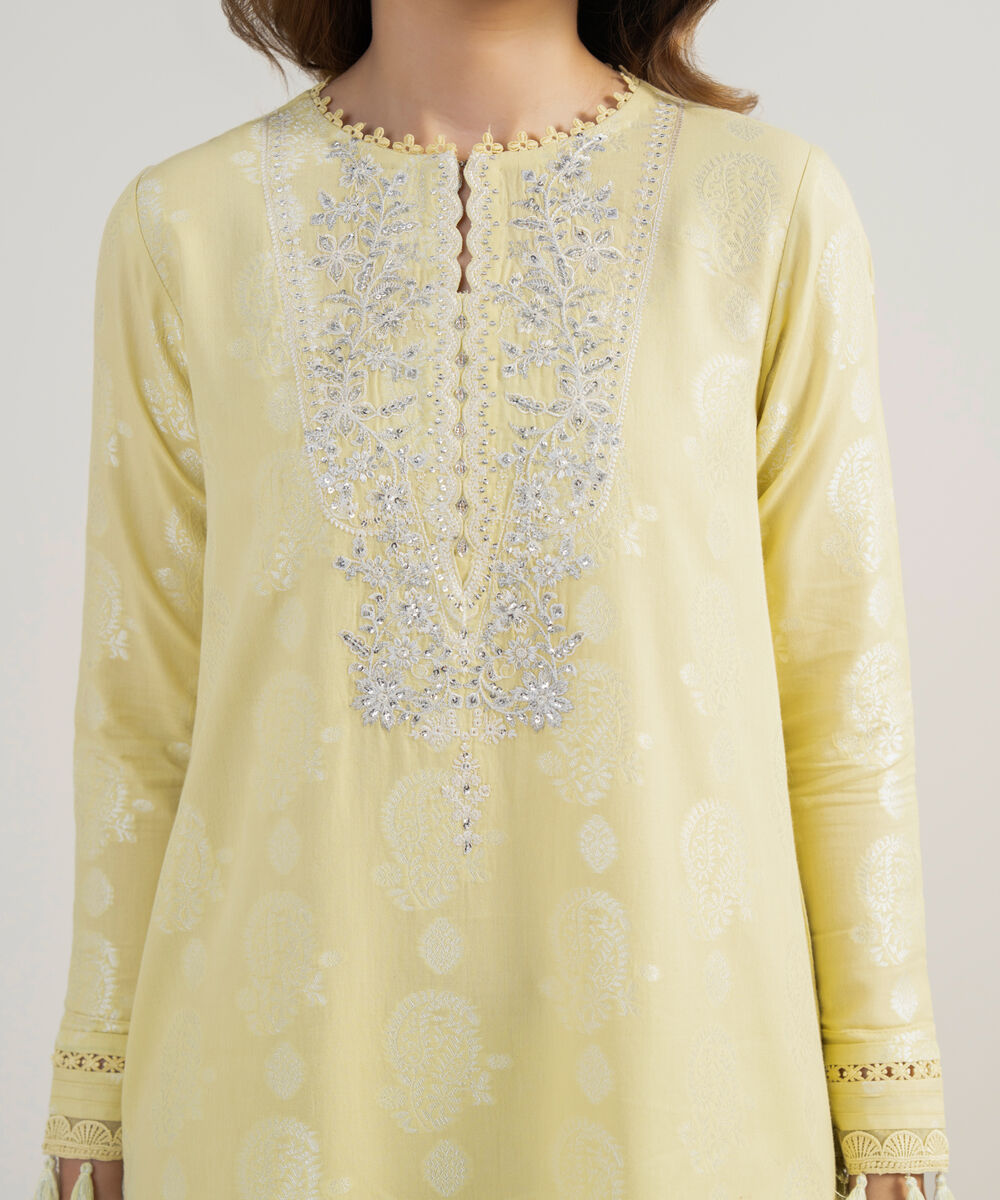 Women's Unstitched Extra Weft Jacquard Embroidered Yellow 3 Piece Suit