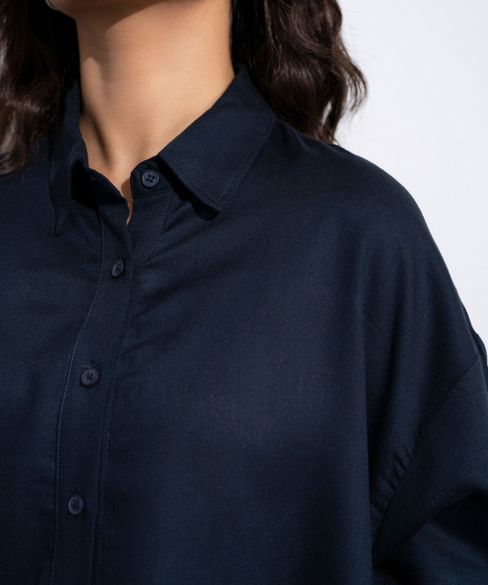 Women's Navy Linen Blend Button Through  Shirt