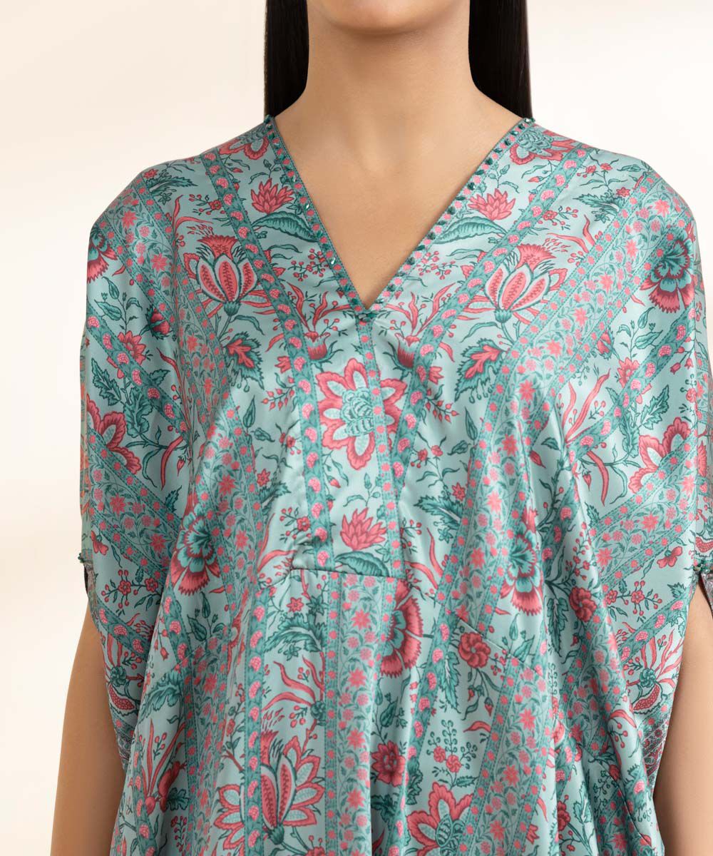 Woman - Blue 2 Piece - Printed Satin Suit