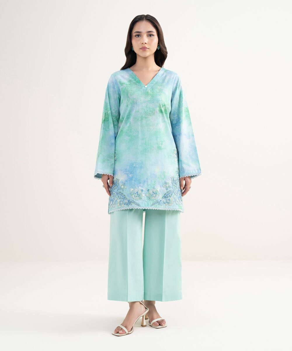 Women's RTW Lawn Embroidered Blue Straight Shirt