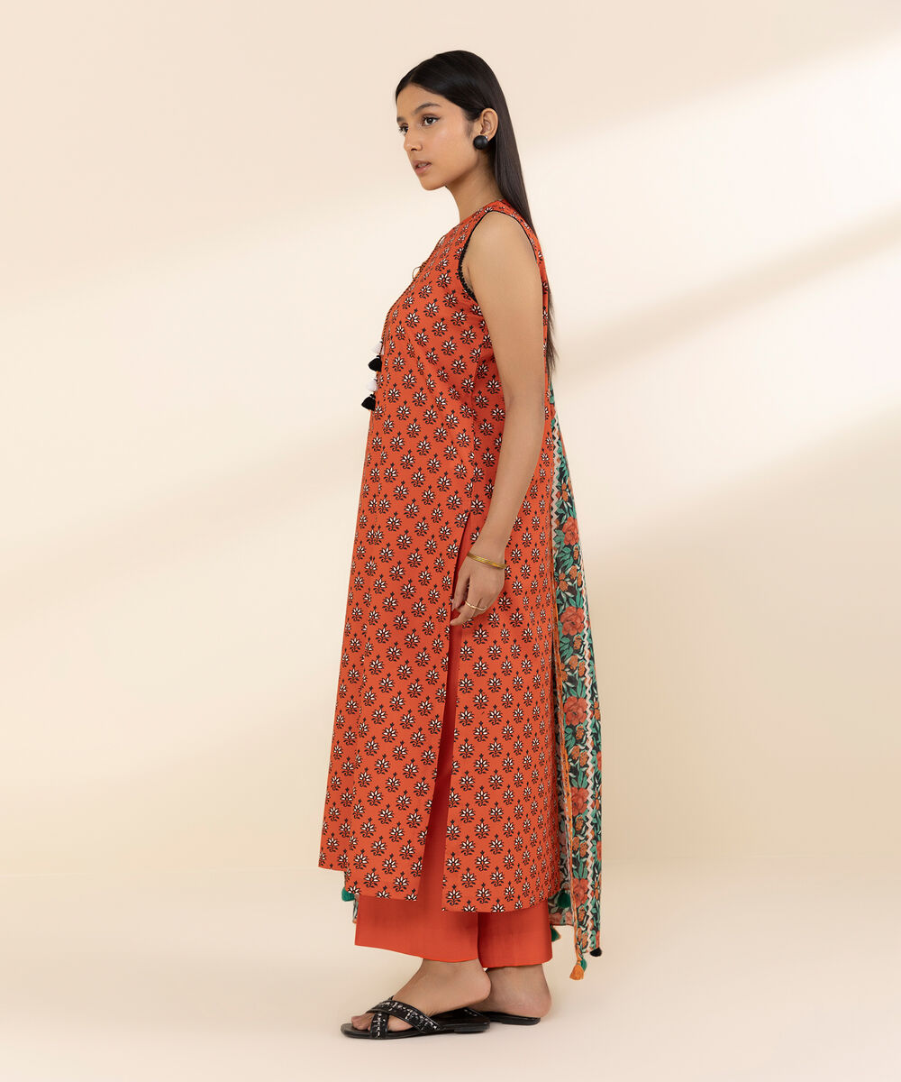 Women's Unstitched Lawn Printed Red 3 Piece Suit