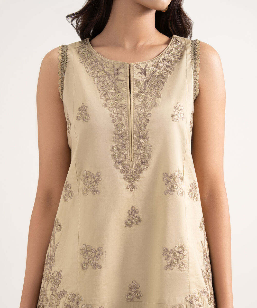 Women's Unstitched Textured Lawn Beige Embroidered 3 Piece Suit