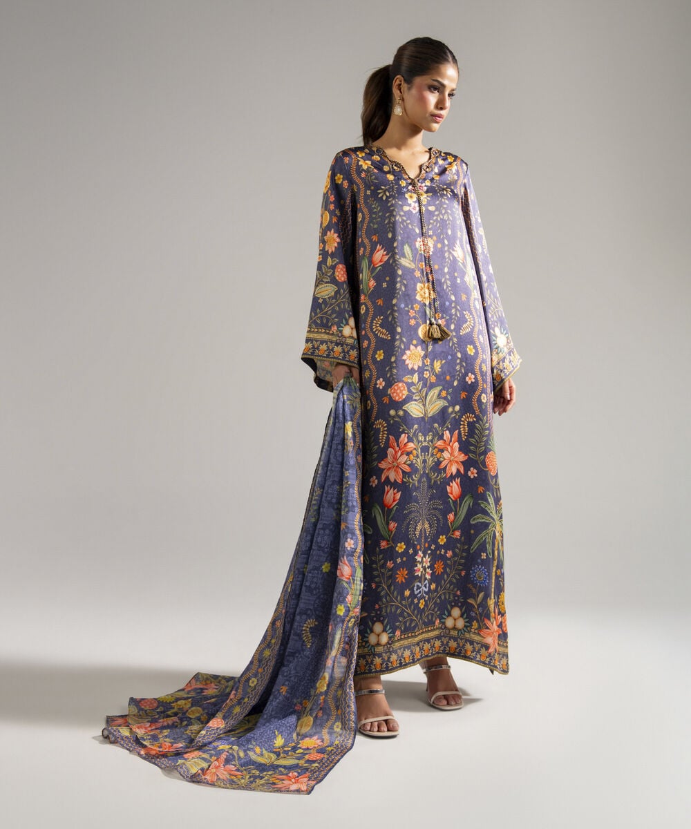 Women's RTW Blended Satin Printed Purple 3 Piece Suit