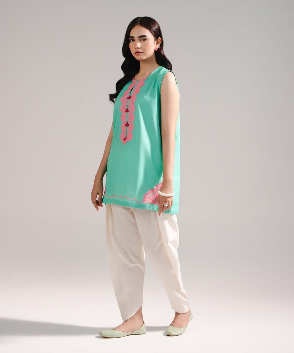 Women's RTW Slub Lawn Embroidered Green Straight Shirt