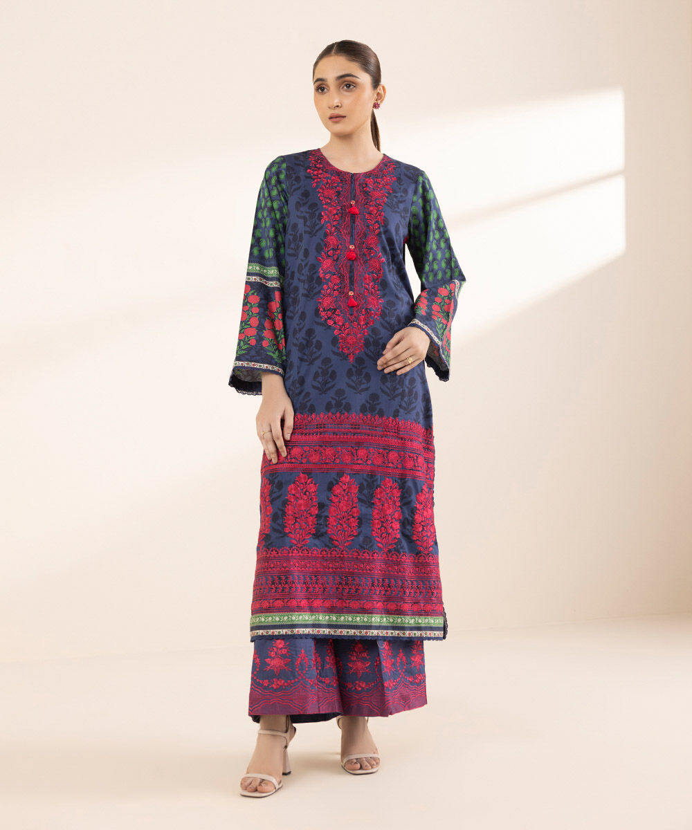 Women's RTW Cotton Satin Multi Embroidered A-Line Shirt