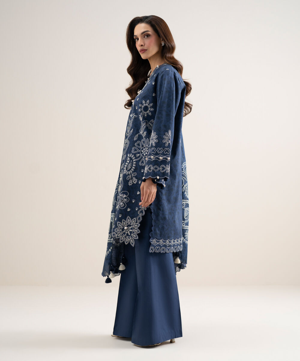 Women's Unstitched Lawn Embroidered Blue 3 Piece Suit