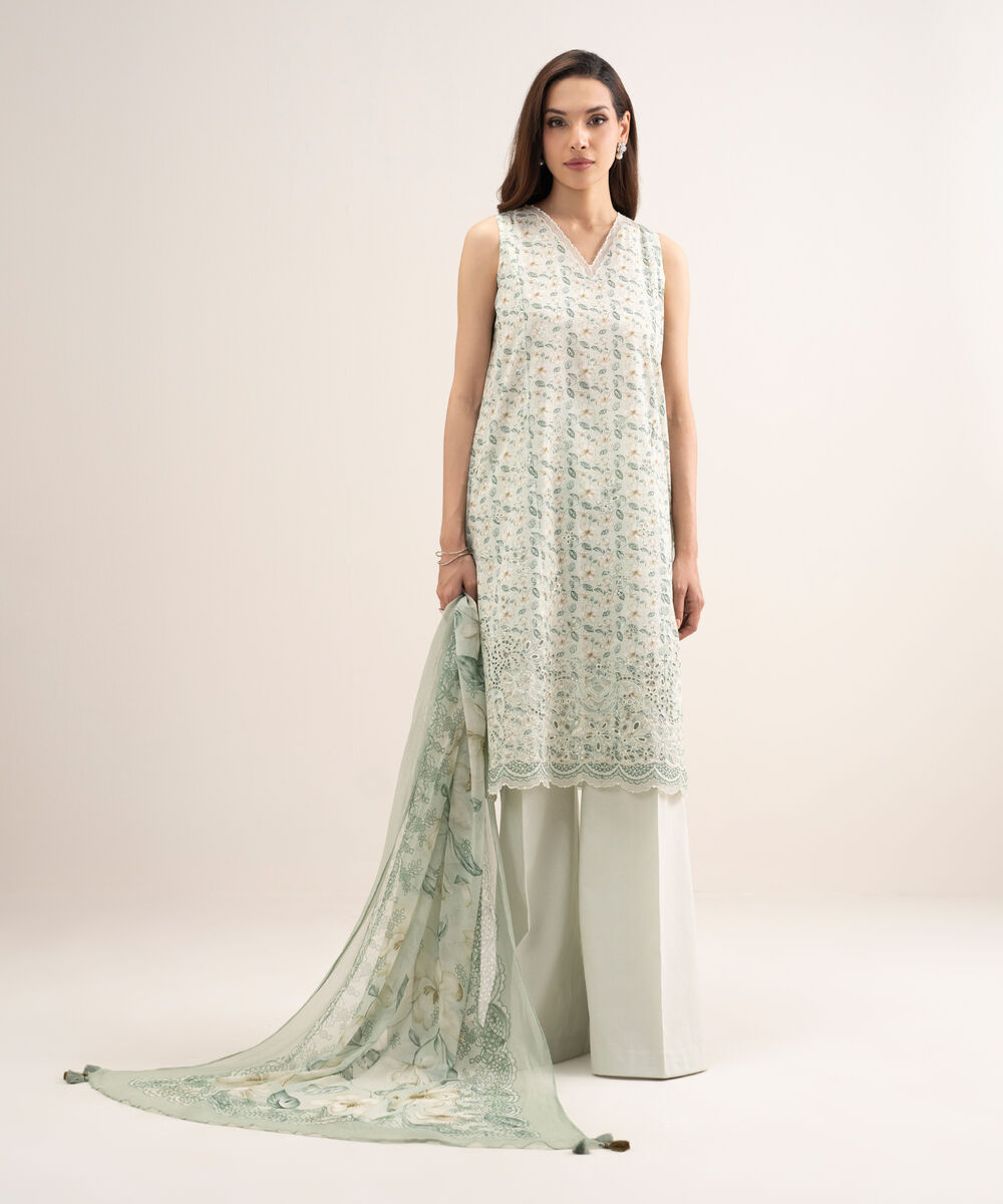 Women's Unstitched Lawn Embroidered Green 3 Piece Suit