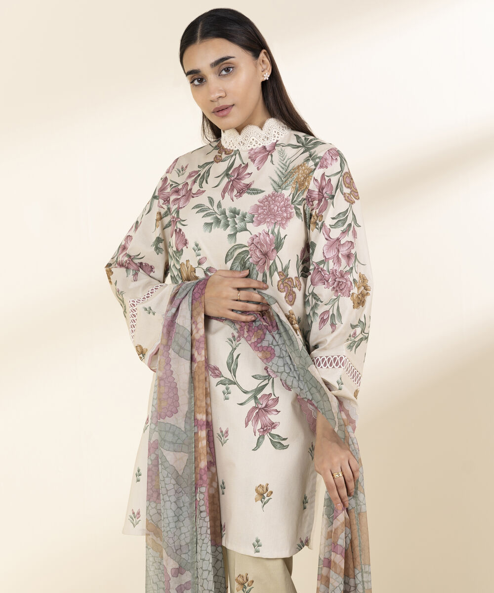 Unstitched Women's Off White Lawn 3 Piece Suit