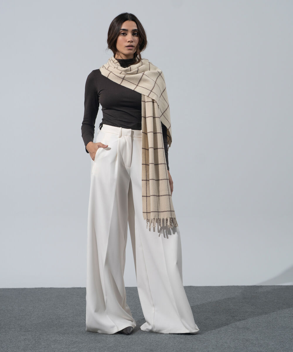 Women's Western Wear Off-White Checkered Woolen Scarf