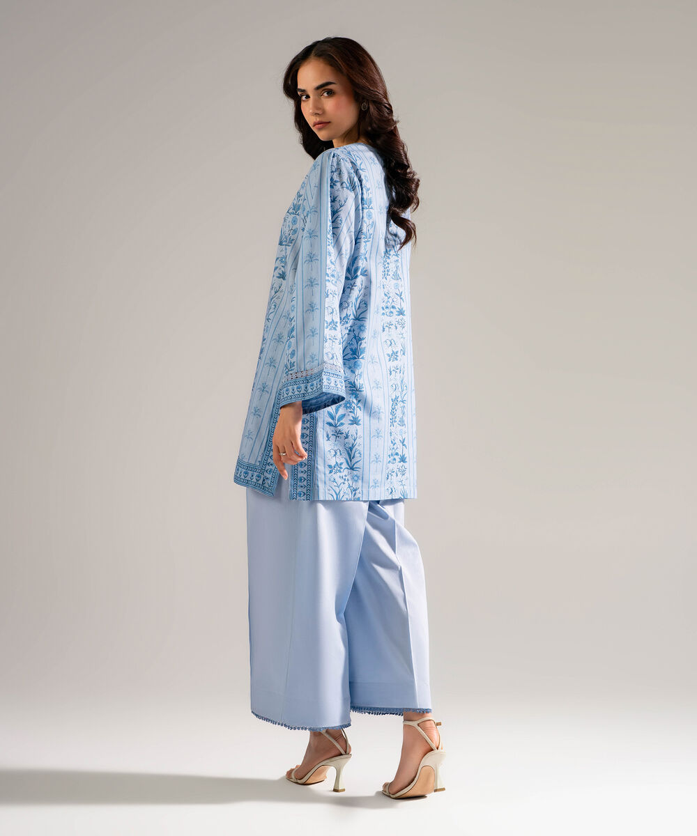 Women's RTW Slub Lawn Printed Blue Straight Shirt