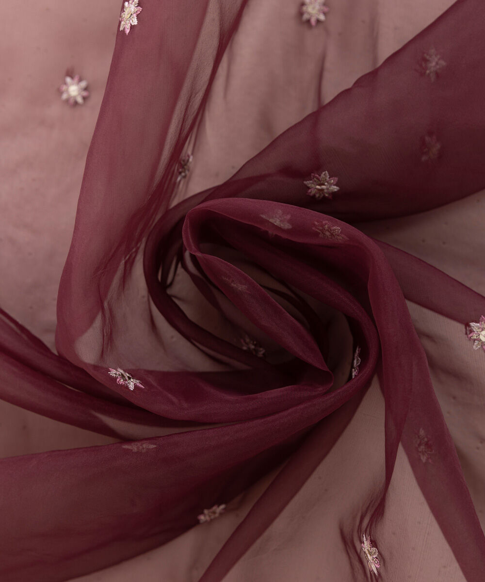 Blended Organza Red Embroidered Dupatta