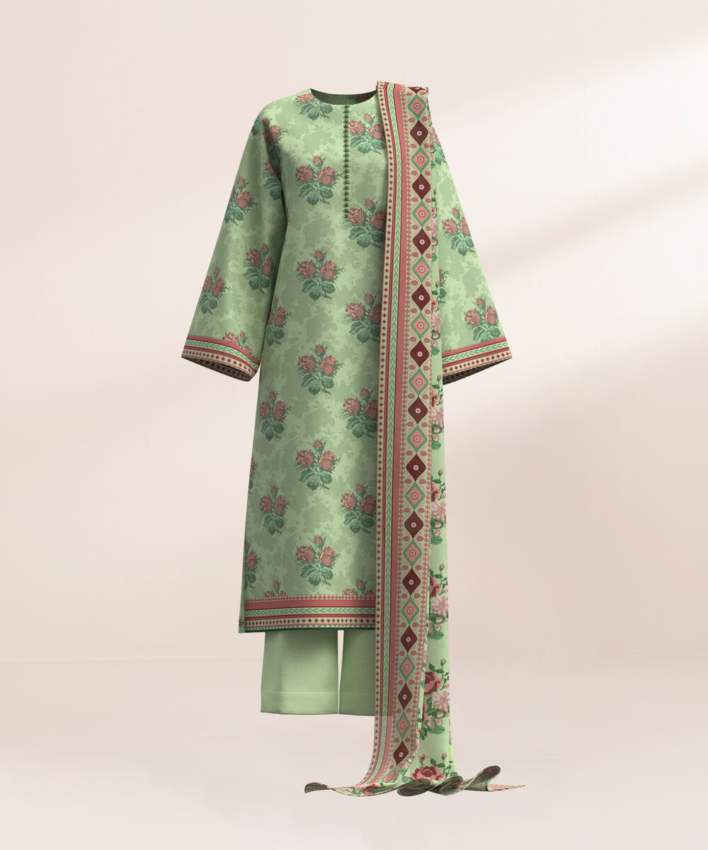 Women's Three Piece Printed Green Lawn Suit
