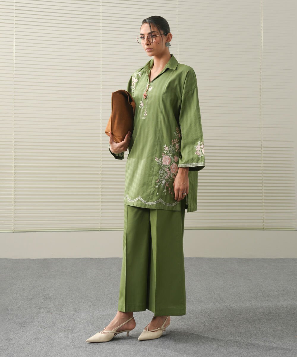 Embroidered Lawn Shirt Women's RTW Textured Lawn Green Embroidered Boxy Shirt