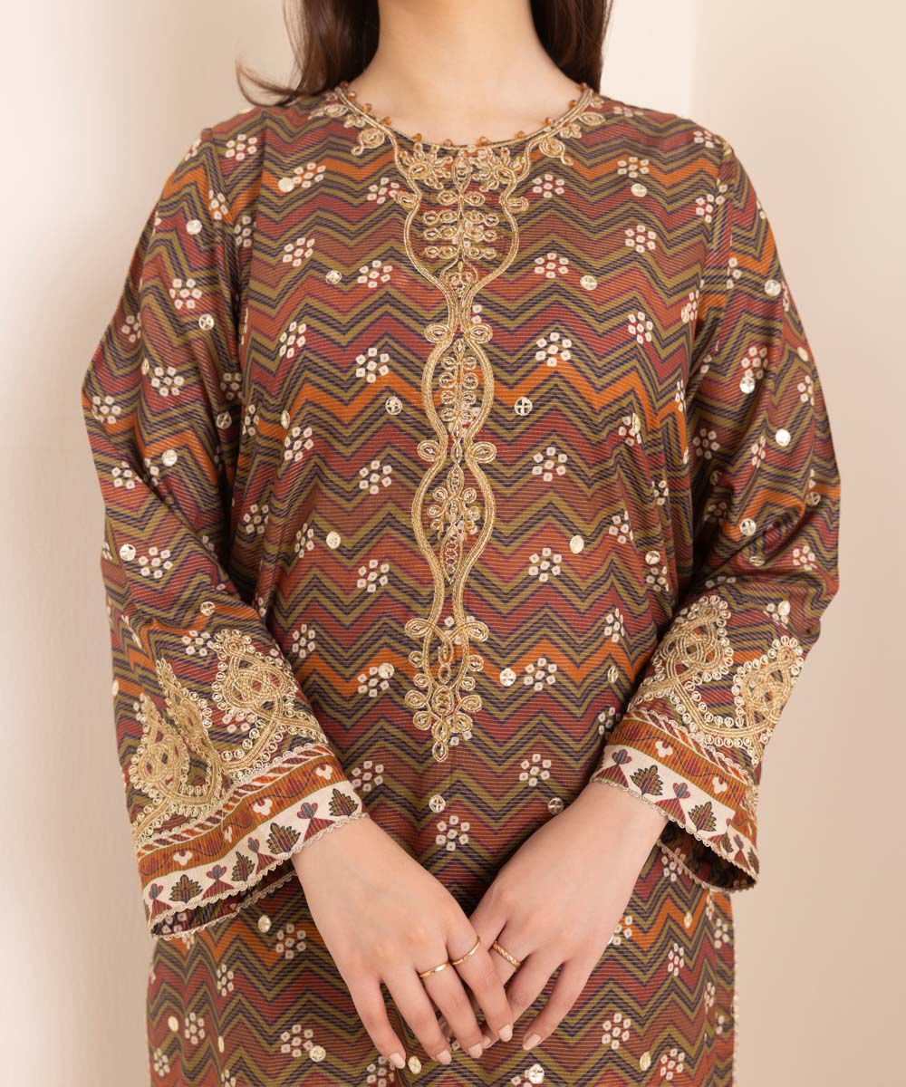 Woman - Brown Embroidered Zari Lawn Shirt