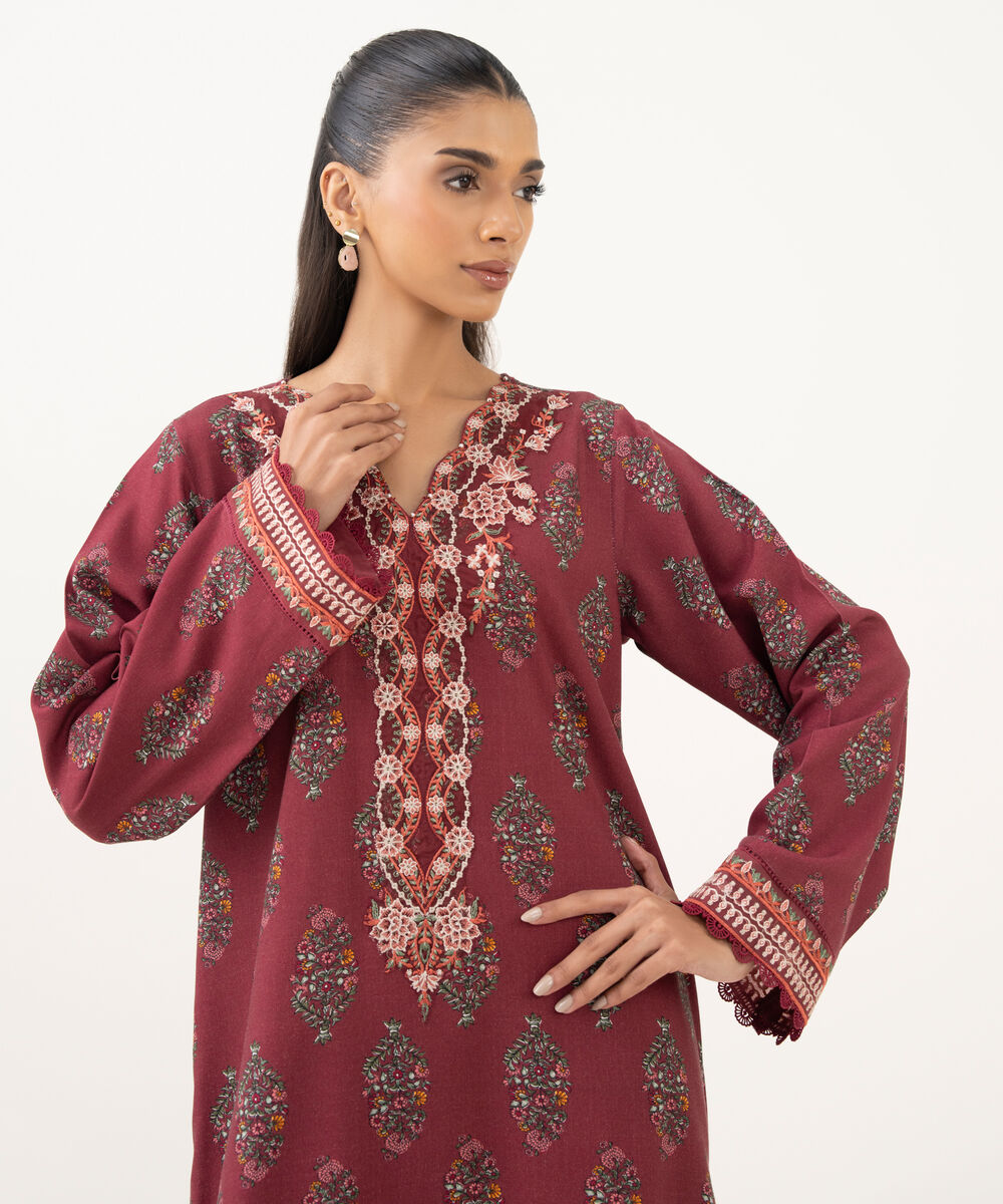 Women's RTW Cotton Viscose Embroidered A-Line Red Shirt