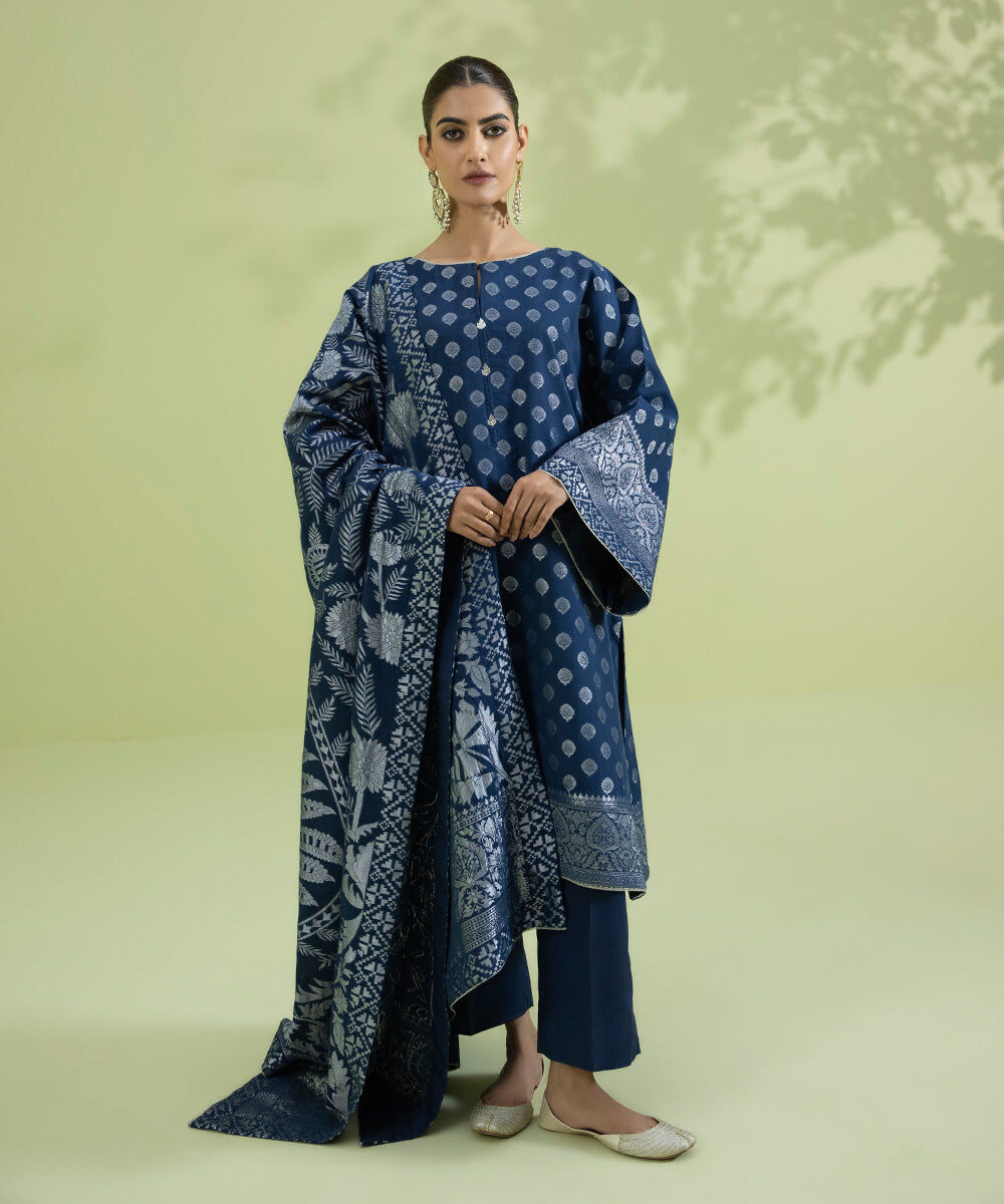 Eid Unstitched Women's Printed Extra Weft Jacquard Navy Blue 3 Piece Suit