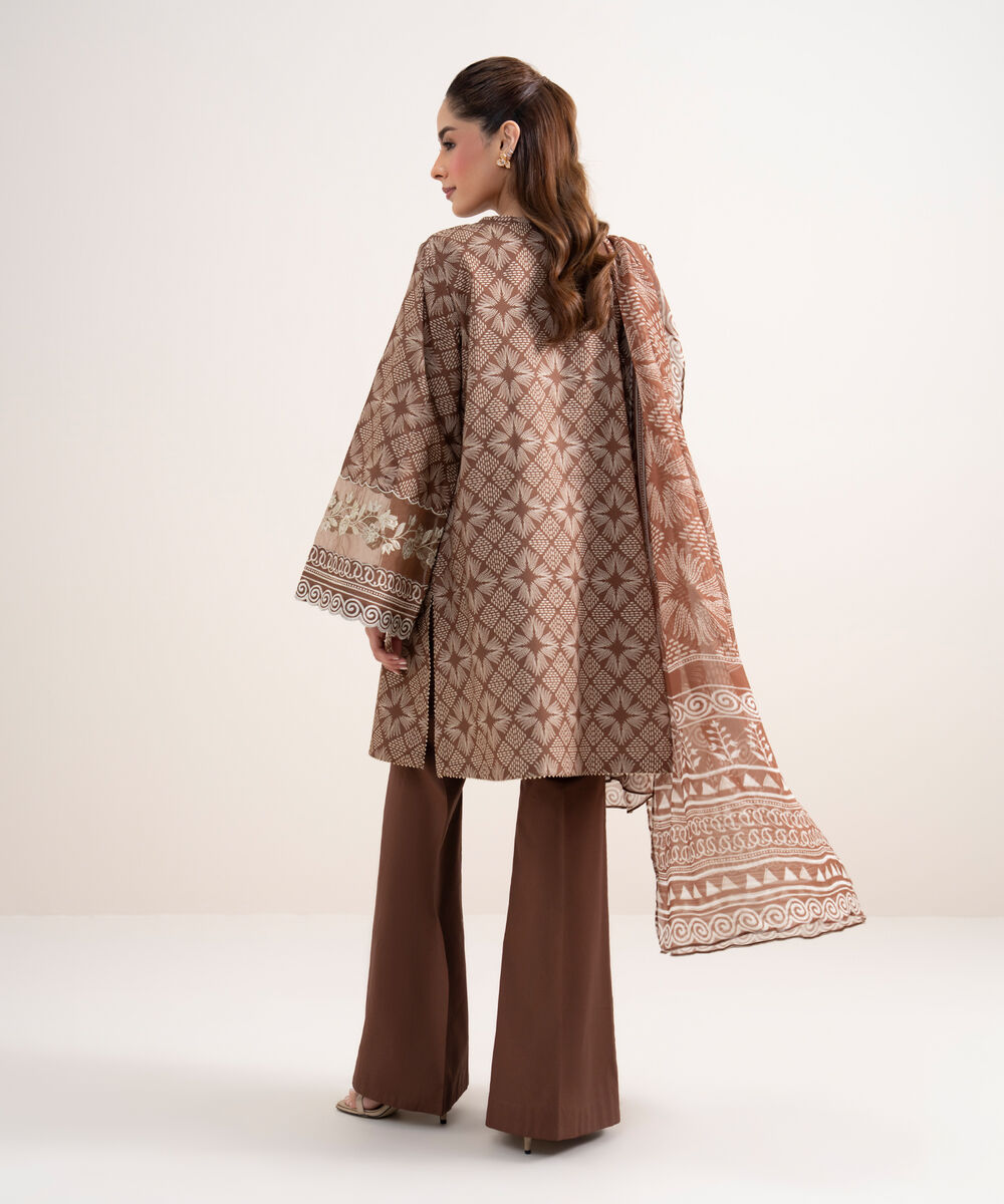 Women's Unstitched Lawn Embroidered Brown 3 Piece Suit