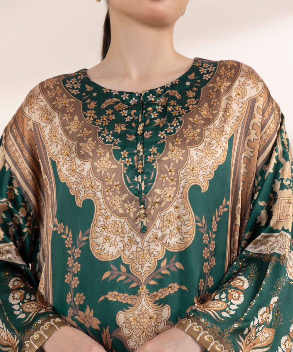 Women's RTW Blended Grip Green Printed Three Piece Suit