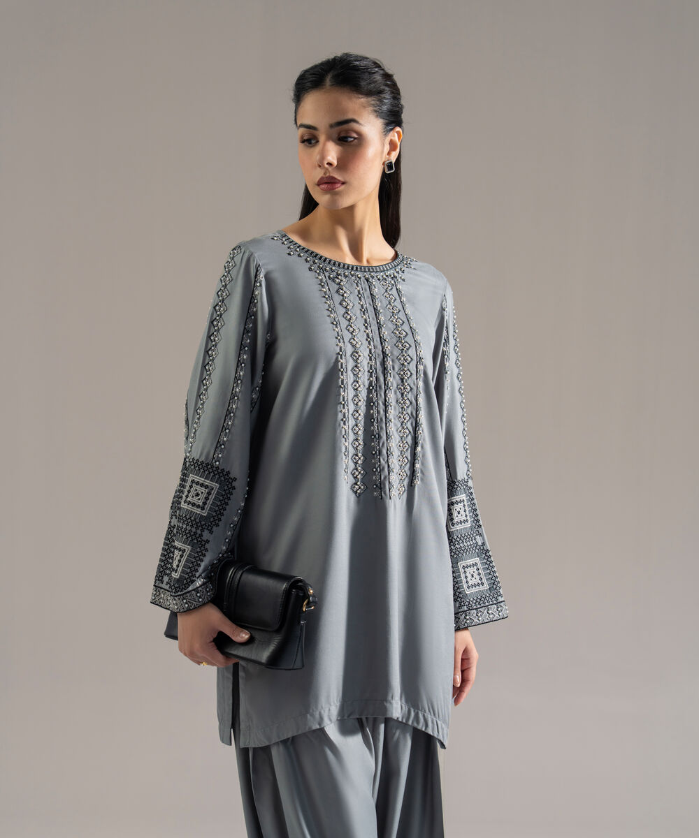 Women's RTW Bedford Solid Embroidered Grey Drop Shoulder Shirt