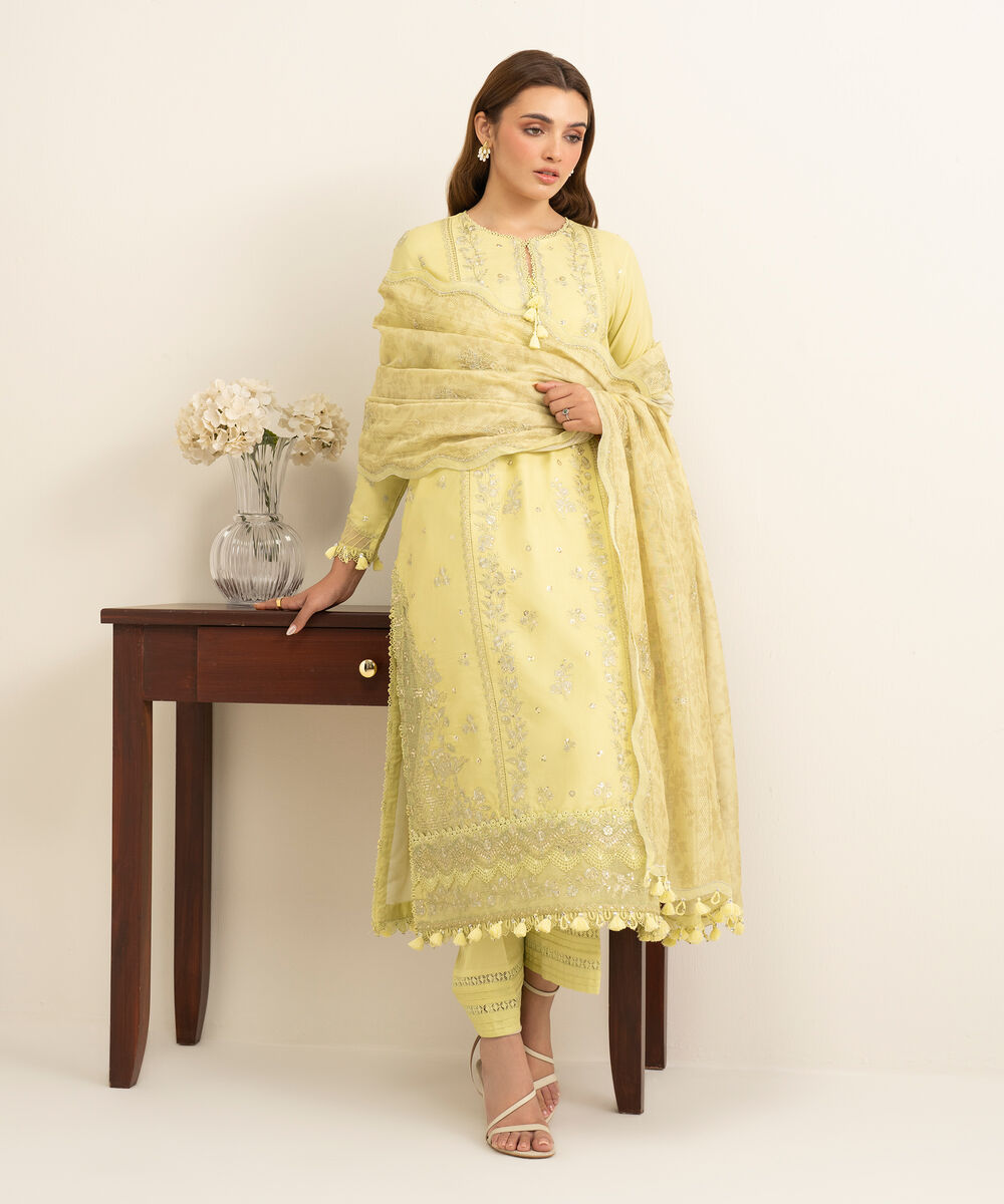 Women's Unstitched Fine Cotton Satin Embroidered Yellow 3 Piece Suit