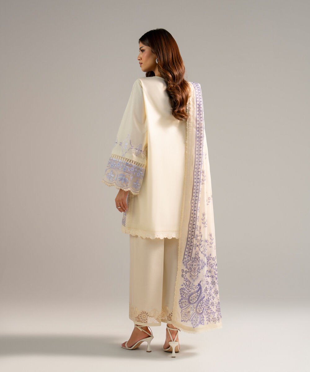 Women's RTW Lawn Embroidered Off White 3 Piece Suit