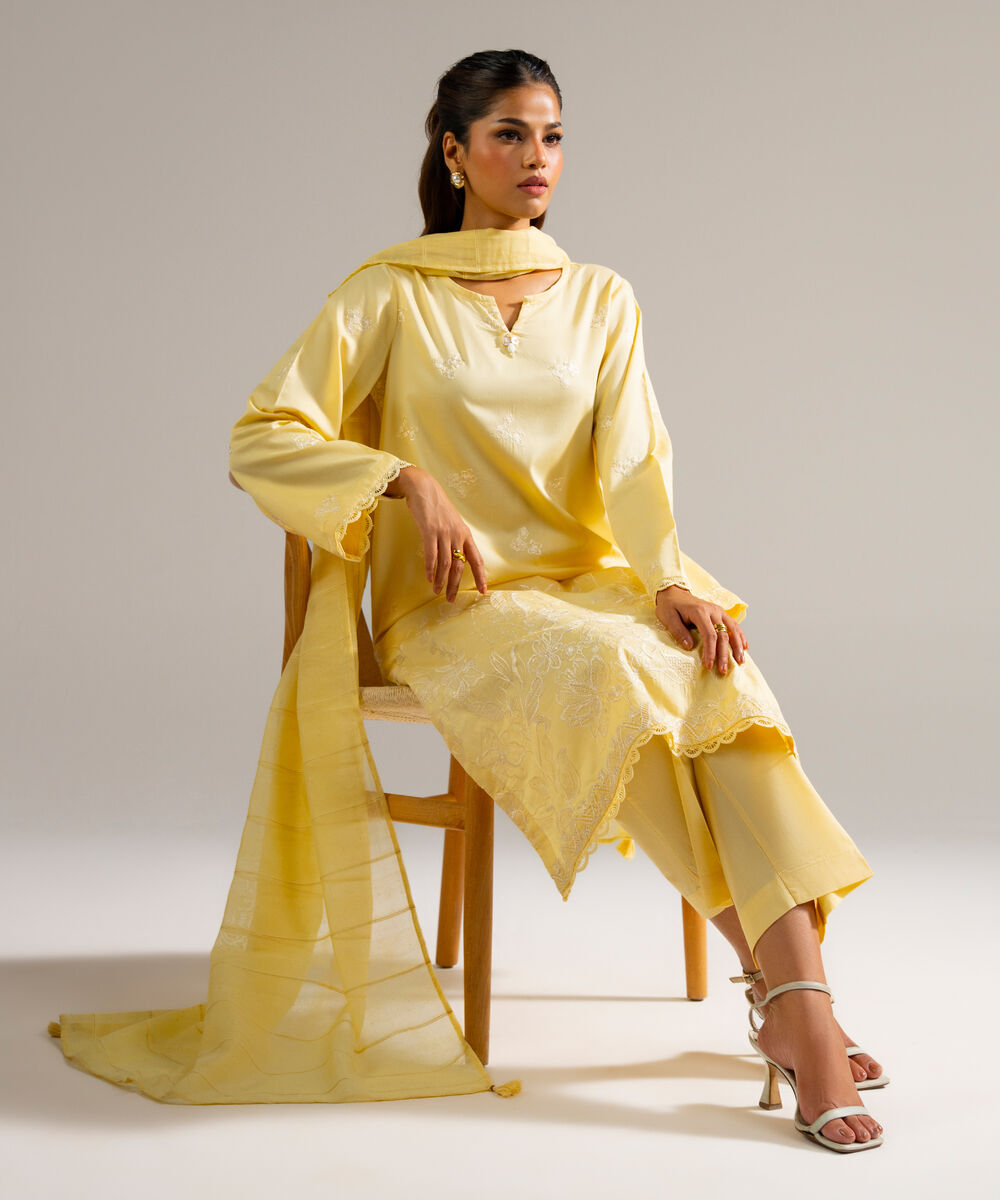 Women's RTW Cotton Satin Embroidered Yellow 3 Piece Suit