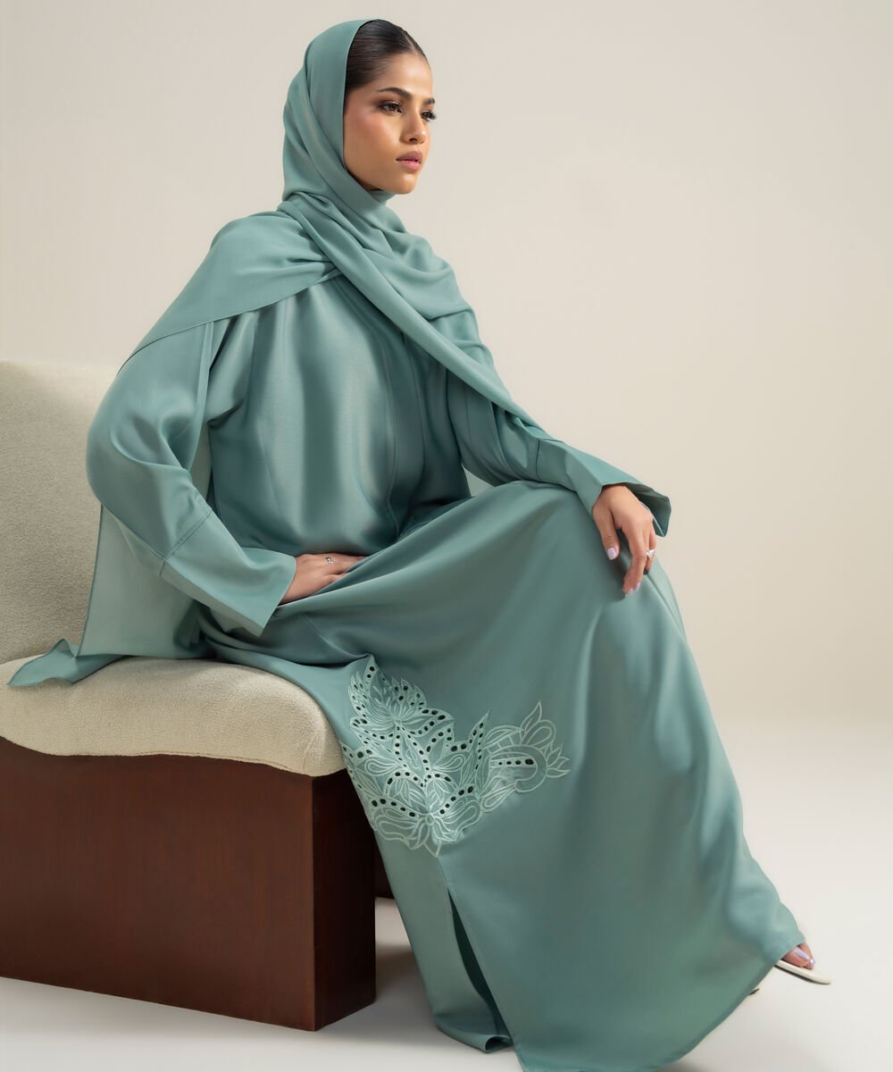 Women's Polyester Blue Embroidered Regular Abbaya Set